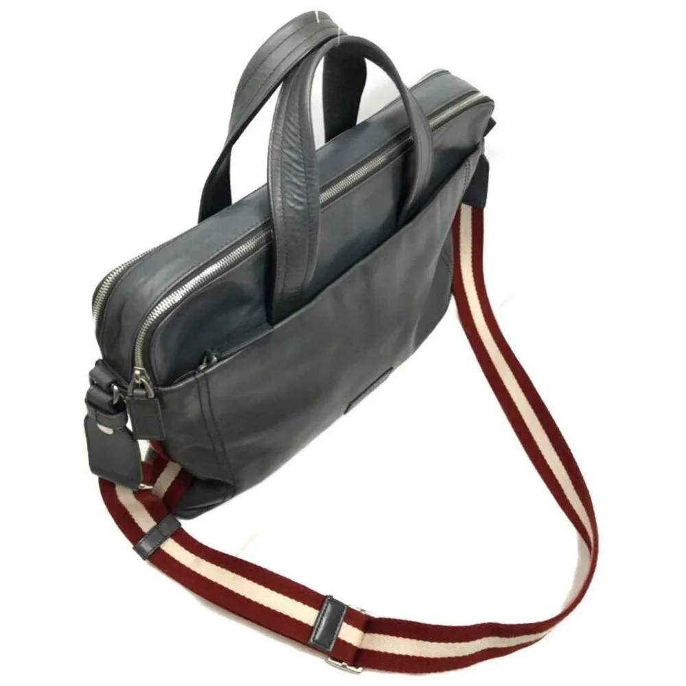 BALLY 2Way Business Bag Striped Gray Leather Silver Hardware
